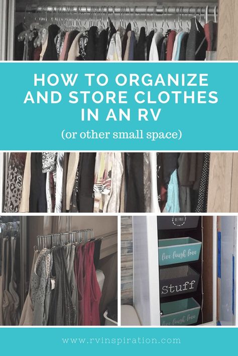 Fitting all of the clothes we need into an RV closet can be tricky.  Here are some organization ideas for different styles of RV closets to help maximize space. Organisation, Storage Closet Organization Ideas, Rv Storage Organization, Closet Clothes Storage, Camper Organization, Closet Organization Ideas, Rv Organization, Camper Storage, Diy Rv