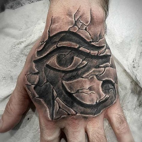 Anubis Hand Tattoo, Egyptian Hand Tattoo, Horus Tattoo Design, Eye Of Anubis, Egyptian Symbol Tattoo, Egyptian Tattoo Designs, Hand Tattoos Ideas, Hand Eye Tattoo, Eyes Of Horus