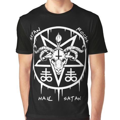 Super soft and comfy t-shirt featuring sublimation printed polyester blend front panel, solid color 100% cotton back/sleeves/rib. Size range XS-2XL, suitable for men and women. HAIL SATAN - SATAN ROCKS - FUNNY SATANIC OCCULTSATANIC AND OCCULT TSHIRTS AND MERCHANDISE Metalhead Clothes, Satanic Clothing, Black Metal, Female Models, Sublimation Printing, Graphic T Shirt, Shirt Designs, Tshirt Designs, T-shirt