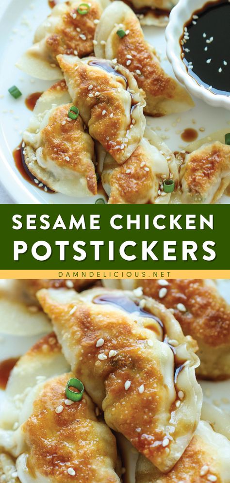 SESAME CHICKEN POTSTICKERS, football party food, easy game day snacks Essen, Homemade Potstickers, Chicken Potstickers, Starter Ideas, Potstickers Recipe, Mapo Tofu, Asian Inspired Dishes, Shiitake Mushrooms, Sesame Chicken