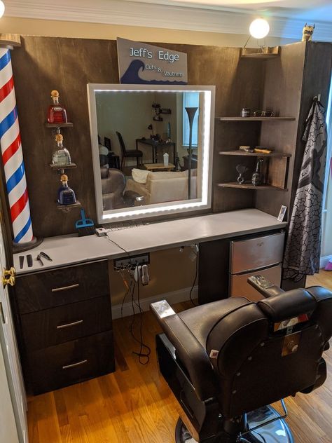 Barber Shop Shed Ideas, At Home Barber Shop Ideas, Barber Set Up Ideas, Barber Shop Station Ideas, In Home Barber Shop Ideas, At Home Barbershop, Diy Barber Station, Diy Barber Station At Home, At Home Barber Station