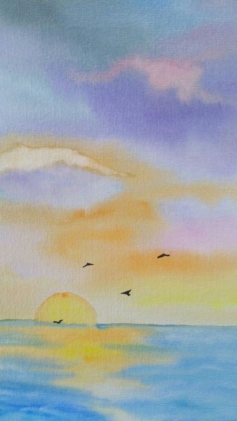 Acrylic Painting Ideas For Beginners Art, Gradient Sky Painting, Sunset Watercolor Easy, Summer Watercolor Paintings Easy, Easy Watercolor Paintings For Beginners Landscape, Watercolor Sunset Easy, Easy Watercolor Paintings Landscapes, Beach Sunset Drawing, Sunset Watercolor Painting Easy