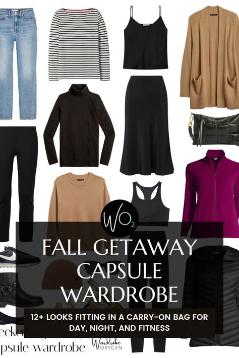 Fall Getaway Capsule Wardrobe: 12 Looks in 1 Carryon Bag - Wardrobe Oxygen Travel Capsule Wardrobe Fall, Fall Vacation Outfits, Fall Travel Wardrobe, Bag Wardrobe, Cruise Wardrobe, Wardrobe Oxygen, Plus Size Capsule Wardrobe, Carryon Bag, Fall Travel Outfit