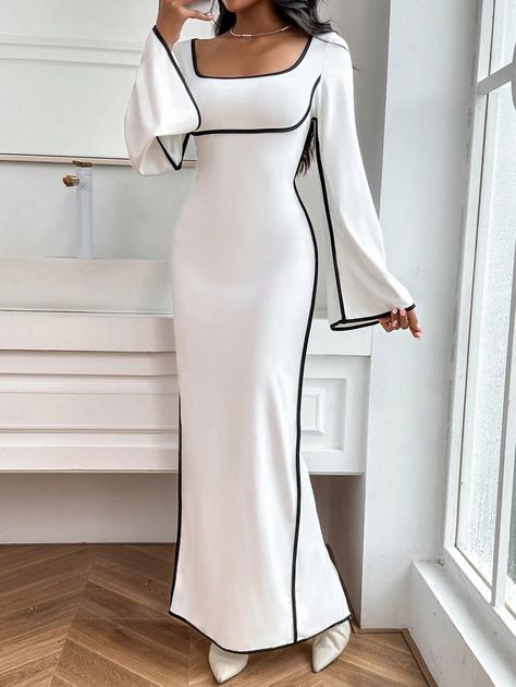 Square Neck Long Sleeve Dress, Chic Evening Dress, Square Neck Long Sleeve, Modesty Outfits, Elegant Outfit Classy, Split Hem Dress, Elegant Dresses Classy, Trumpet Sleeve, Classy Dress Outfits