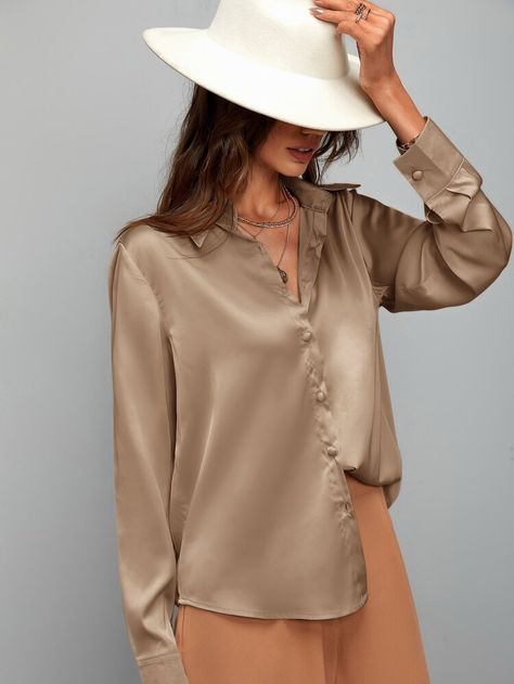 Pijama Satin, Satin Long Sleeve, Plain Shirt, Satin Shirt, Plain Shirts, Button Up Blouse, Satin Blouse, Women Blouses, Silk Top