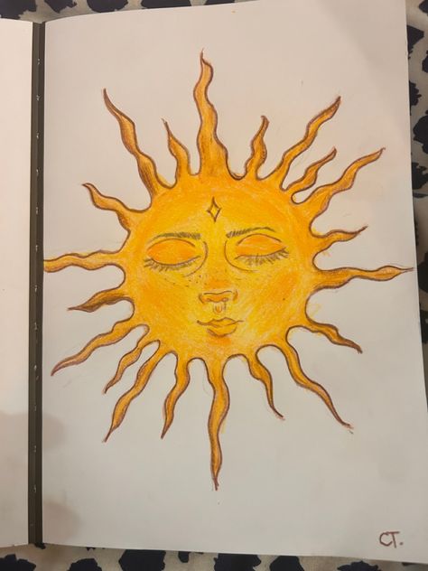 Sun Crayon Drawing, Corner Sun Drawing, Sunny Painting Ideas, Sun Sketch Aesthetic, Sun God Drawing, How To Draw A Sun, Trippy Sun Drawing, Sun With Face Drawing, Sun Drawing Aesthetic