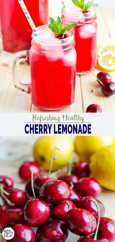 Cherry Lemonade - Make this amazing combination of fresh cherries and lemons. A healthy and refreshing naturally sweetened lemonade for guilt free drinks. Fruit Recipes, Cherry Recipes Gluten Free, Healthy Lemonade, Cherry Lemonade, Healthy Meats, Cherry Recipes, Fresh Cherries, Lemonade Recipes, Non Alcoholic Drinks