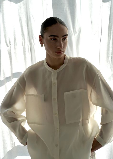 Oversize Banded Collar Button Down | Off White Silk Organza | Modern Weaving Weaving, Modern Weaving, French Seam, Silk Organza, White Silk, Button Downs, Made In Usa, Relaxed Fit, Off White