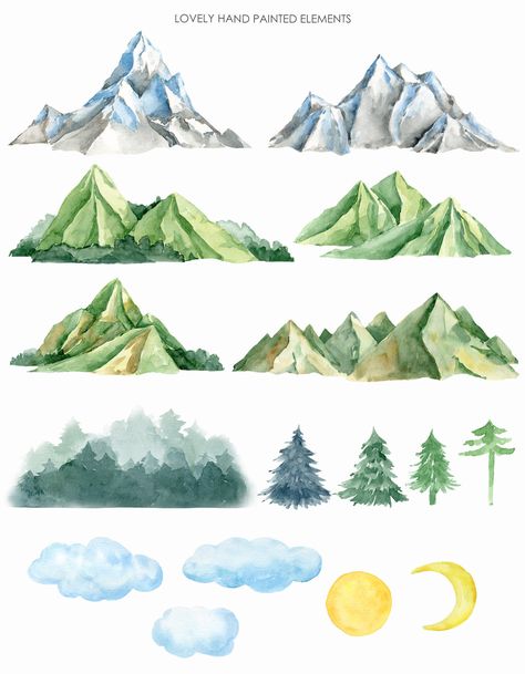 Cloud Mountain Painting, Sun Moon Watercolor, Snow Mountain Art, Mountain And Trees Painting, Digital Art Mountains, Mountain Drawing Color, How To Paint Mountains, Forest Art Painting, Mountain Clip Art