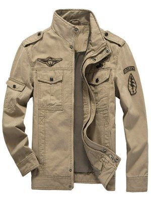 Epaulet Design Zip Up Patch Jacket - Khaki 2xl Mens Military Jacket, Army Clothes, Outdoor Sportswear, Beige Jeans, Windbreaker Jacket Mens, Tactical Jacket, Mens Jackets Casual, Men Plus Size, Army Jacket