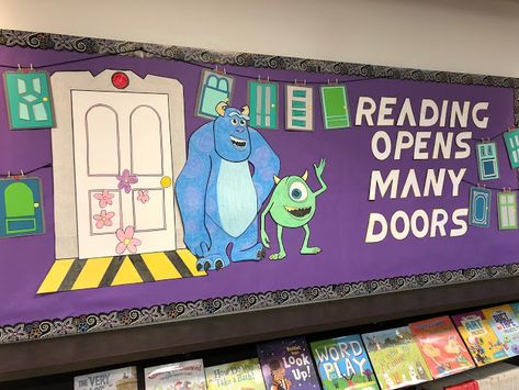 Disney Themed Elementary Classroom, Characters Welcome Bulletin Board, Disney Classroom Ideas Bulletin Boards, Disney Themed Library, Disney World Bulletin Board, Disney Reading Bulletin Boards, Book Characters Bulletin Board, Monster Inc Theme Classroom, Kindergarten Classroom Themes Disney