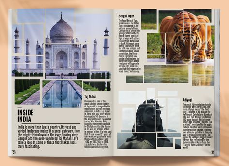 India is more than just a country. Its vast and varied landscape makes it a great gateway, from the mighty Himalayas to the ever-flowing river Ganges and the ever-wondered Taj Mahal. Let’s take a look at some of these that makes India truly fascinating. #adiyogi #shiva #tajmahal #tiger #india #magazine #editorial #typography #layoutdesign Rennes, Travel Magazine Design, Tourism Magazine, Travel Magazine Layout, Havana Fashion, Adiyogi Shiva, Editorial Typography, Inca Kola, Magazine Page Layouts