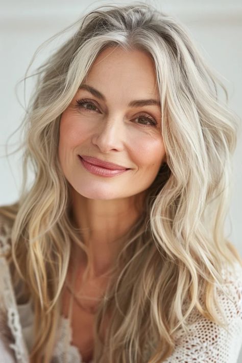 Hairstyles For 37 Year Old Women, Age Defying Hairstyles, Long Layers Medium Length Hair Blonde, Hair Extensions Over 50 Older Women, Blonde For 50 Year Old, Over 50 Blonde Hair, Beautiful Older Women With Grey Hair, Blond Over 50, Gray Hair With Blonde Highlights Over 50