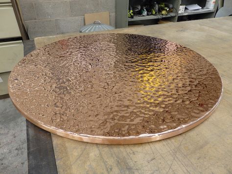 Circular copper table top beaten Trellace Ideas, Copper Table Top, Copper Counter, Metal Restaurant, Copper Top Table, Outdoor Table Tops, Copper Top, Copper Interior, Copper Wall Art