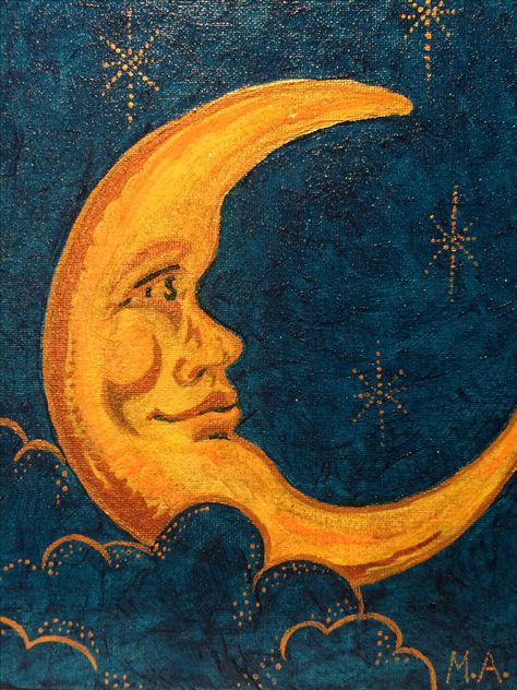 Moon Painting With Face, 90s Celestial Pattern, Sun And Moon Whimsigoth, Moon Faces Drawings, Celestial Art Paintings, Old Moon Drawing, Mexican Moon Art, Celestial Moon Art, Whimsigoth Sun And Moon