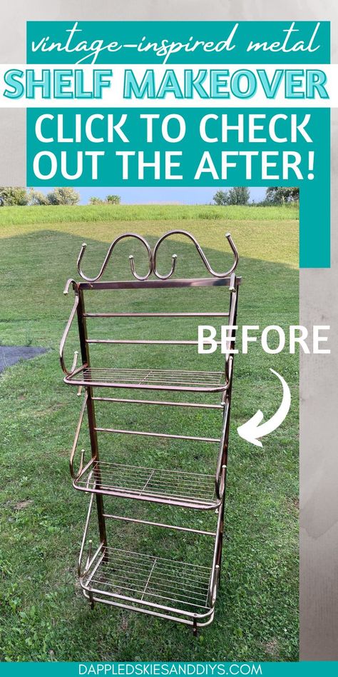 Three-tiered metal shelf DIY using spray paint and rub 'n buff. Metal Plant Shelves, Diy Metal Shelf Makeover, Spray Paint Metal Shelves, Metal Bakers Rack Makeover, Wire Rack Makeover, Spray Paint Wire Shelves, Wire Shelves Makeover, Metal Shelves Makeover, Shelf Makeover Diy