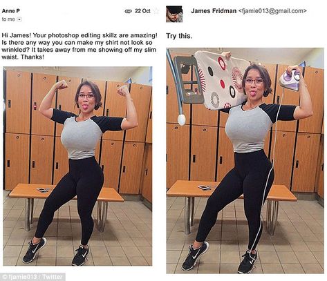 One woman attempting to show off her waist asks that James make her shirt less crinkled and so he equips her with an iron and ironing board Funny Fails, Funny Photos, Funny Photoshop Fails, James Fridman, Photoshop Fail, Funny Photoshop, Funny Pins, Graphic Designer, Dankest Memes