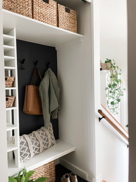 Easy closet transformation instantly creating more space and function! I finished this home DIY project in just one weekend! Closet At Entry Way, Converting Hallway Closet, Entry Way Functional, Converted Closet To Mudroom, Black Entryway Ideas, Hall Closet Turned Mudroom, No Mudroom Solution, Diy Hall Closet, Convert Closet To Mudroom