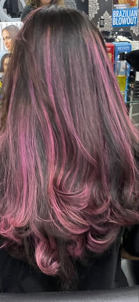 Balayage, Brown Hair With Highlights Colorful, Brown And Pink Highlights Hair, Different Types Of Hair Highlights, Wine Pink Hair, Black Hair With Pink And Purple Streaks, Purple Brown Blonde Hair, Hair Color Ideas For Graduation, Brunette Hair With Colorful Highlights