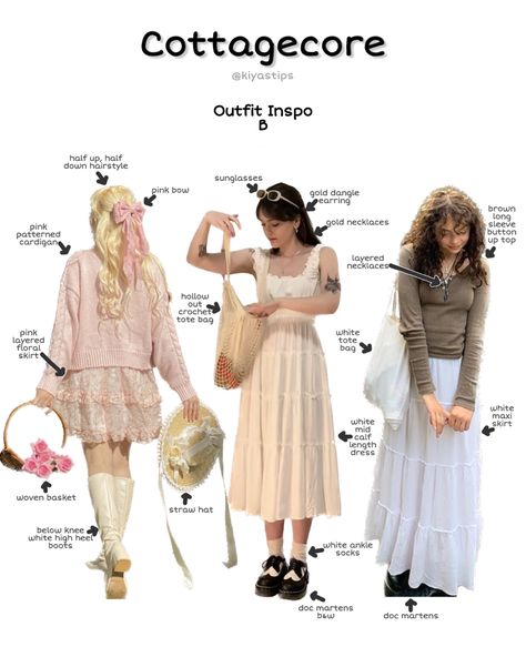 What To Wear On A Picnic, Cottage Fashion Clothes, Cottage Core Aesthetic Outfits Casual, Type Of Aesthetics Outfits, Girly Cottagecore Outfits, Cottagecore Acedamia Aesthetic, Coccetecore Outfits, Isabellacore Outfits, Cottage Core Outfits Midsize