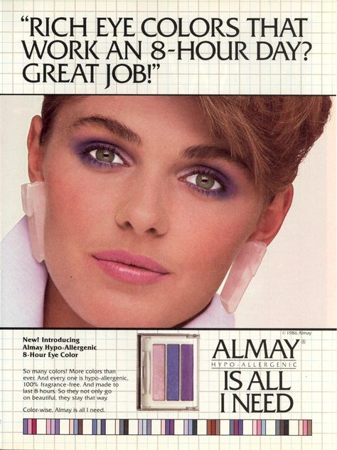 US Vogue, January 1986. Hair Styles 90s, 80s Eye Makeup, 80s Hair And Makeup, 1980s Makeup And Hair, 80s Makeup Looks, 80’s Makeup, 1980s Makeup, 80s Ads, Vintage Makeup Ads