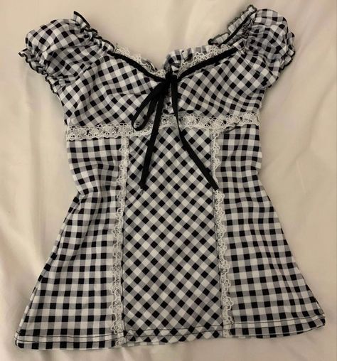 Creepy Town, Coquette Top, Angel Core, Town Outfits, Coquette Dollette, Gingham Top, Downtown Outfits, Gingham Tops, 여자 패션