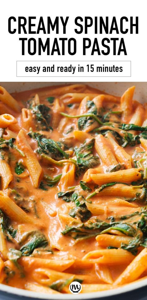 Close-up of some creamy penne pasta. Spinach Pasta Sauce, Tomato Cream Pasta, Spinach Tomato Pasta, Healthy Pasta Sauces, Spinach Pasta Recipes, Penne Pasta Recipes, Creamy Tomato Pasta, Tomato Pasta Recipe, Spinach Tomato