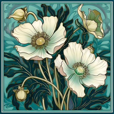 5 high resolution 300 DPI files to print yourself! Blue anemone flower art deco inspired original print is a perfect addition to any style decor. So versatile, It can be styled for vintage, retro, art deco or art nouveau as well as feminine and cottage interiors. Featuring a color palette of blues, teals and creams, this digital download is an easy, economical way to add flair to your walls. Download it with one click! Why choose digital download? It is so economical, you can choose numerous des Art Nouveau Magnolia, Art Nouveau Color Palette, Blue Anemone Flower, Art Nouveau Lotus, Art Nouveau Flowers Illustration, Fleurs Art Nouveau, Blue Anemone, Motifs Art Nouveau, Art Deco Flowers