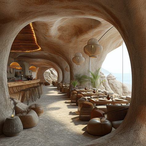 Serenity Sands Retreat by Sarvenaz Nazar|Visualization Cave Like Architecture, Cave House Interior, Stone Interior Design, Castle Restaurant, Earthship Home, Windmill Design, Stunning Hotels, Stone Interior, Cave House