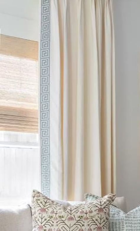 White Curtains Blue Trim, Greek Key Trim Curtains, White Drapes With Trim, Curtains With Border Trim, White Curtains With Trim, Curtains With Ribbon Trim, Blue And White Curtains Living Room, Curtain With Trim, Adding Trim To Curtains