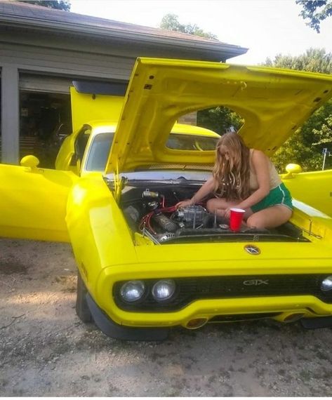 Who is this girl ? These pics are so cool of her through all the years still with her yellow Mopar 60s Muscle Cars, Plymouth Muscle Cars, Mopar Girl, Driving Simulator, Plymouth Gtx, Vintage Sports Cars, Mopar Cars, Mopar Muscle Cars, Custom Muscle Cars