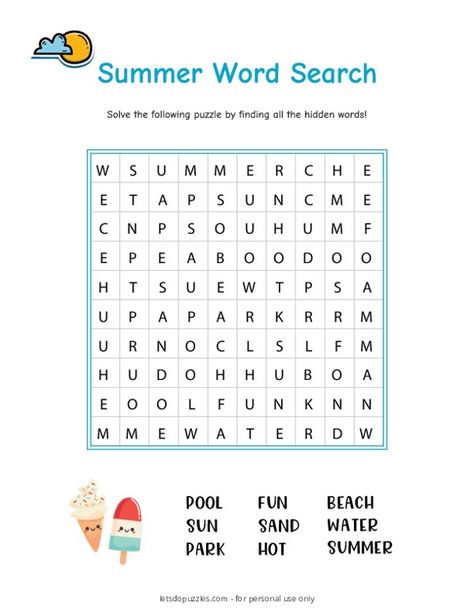 Free Printable Summer Word Search Third Grade Homework, Word Seach, Summer Word Search, Summer Vocabulary, Summer Worksheets, Summer Words, Homeschool Worksheets, Word Search Printables, Word Search Games