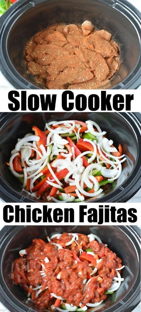 Our slow-cooker chicken fajitas are super easy! Healthy and delicious, your whole family will love this cheap chicken dinner. The ingredients are simple, incorporate veggies, and taste amazing stuffed inside tortillas, lettuce wraps, or a rice bowl. Cooking the chicken fajitas in the crockpot makes the most tender and melt-in-your-mouth spring dinner! Perfect for your Cinco de Mayo party, potlucks, or whenever you crave this flavorful comfort food. Cockpot Chicken, Fajitas Crockpot, Crockpot Chicken Fajitas, Fajitas Chicken, Beef Fajita Recipe, Crockpot Fajitas, Chicken Crockpot Recipes Slow Cooker, Crockpot Recipes Mexican, Slow Cooker Chicken Fajitas