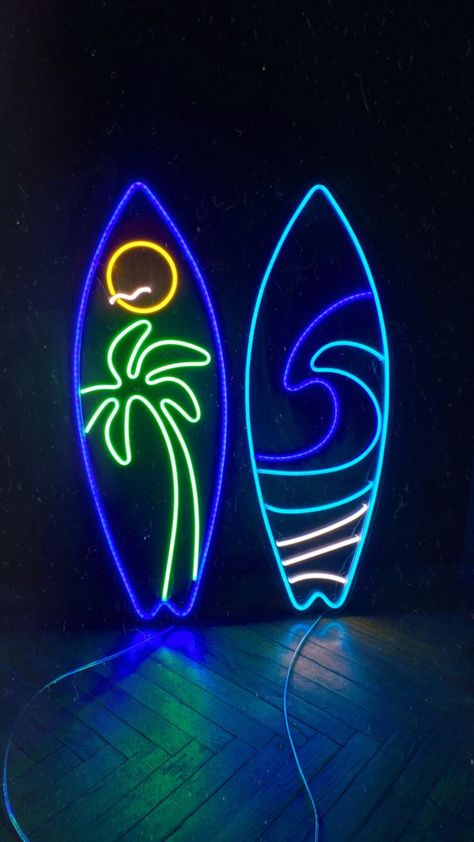 Surfboard LED Neon Sign | Modern Tropical Aqua Surf Wall Art | Gift for Surfer | Sea and Ocean Beach Neon Surfboard, Surf Wall Art, Beach Mural, Neon Summer, Neon Flex, Neon Artwork, Neon Painting, Gifts For Surfers, Surfboard Art