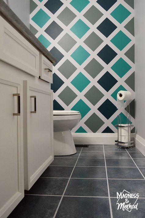 Today I'm sharing my bro's budget bathroom reveal! We tried to keep as many elements in the room as possible and updated almost everything with paint. Wall Painting Ideas For Bathroom, Design For Wall Decor, Bathroom Wall Design Paint, Designs For Walls Painting, Bathroom Wall Paint Designs, Wallpapers For Home Decor, Wall Paint Patterns Bedroom, Fun Painting Ideas For Walls, Wall Designs Paint