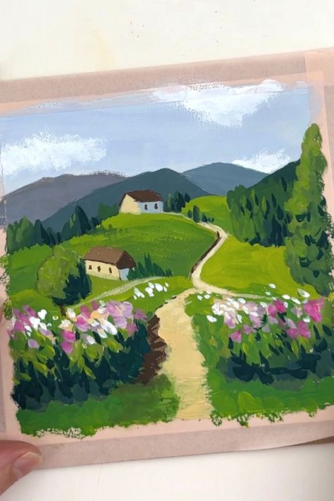 Gouache painting landscape ★ Nice Landscape Painting, What To Paint With Gouache, Easy Oil Landscape Paintings, Simple Gouache Landscape, Guache Painting Aesthetic, Easy Postcard Painting, Guache Easy Painting, Gauche Landscape Painting, Aesthetic Gouache Art Landscape