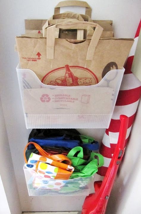 A Smarter Way to Organize All Your Reusable Grocery Bags Front Closet, Coat Closet Organization, File Boxes, Bags Storage, Organizing Hacks, Organisation Hacks, Ideas Para Organizar, Grocery Bags, Bags Aesthetic