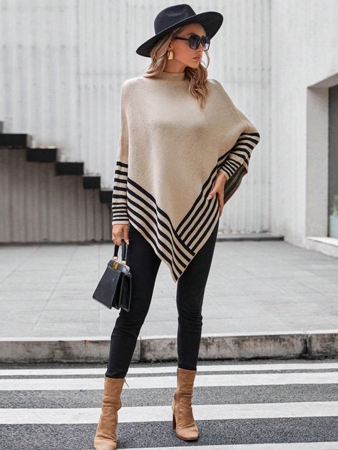 SHEIN Clasi Striped Pattern Batwing Sleeve Asymmetrical Hem Poncho Sweater | SHEIN South Africa Poncho Fashion, Poncho Outfit, Open Sweater, Awesome Blouse, Outfit Mujer, Women Sweaters, Poncho Style, Poncho Sweater, Asymmetrical Hem