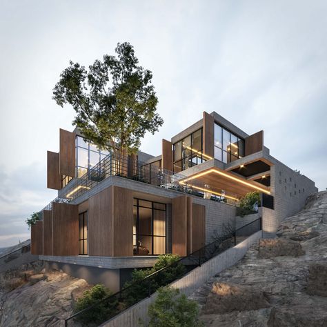 Cliff Houses Architecture, Cliff Homes Architecture, Buildings On A Slope, Modern House On Cliff, Houses On Slopes Architecture, Sloping Lot House Plans Modern, Villa On A Slope, House In A Cliff, Modern Hillside House Plans