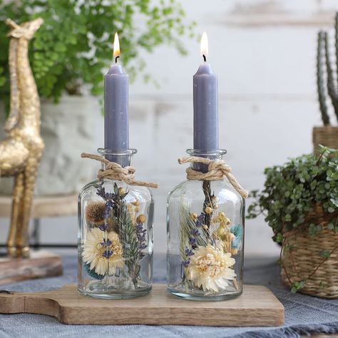 comforder Glass Candlestick Holder w. Dried Flowers, Candle Holder Set of 2, Home Decor or Table Centrepiece (Grey) : Amazon.co.uk: Home & Kitchen Plant In Glass, Dried Flowers Diy, Deco Champetre, Tafel Decor, Purple Candles, Deco Nature, Glass Candlestick Holders, Flower Candle, Deco Floral