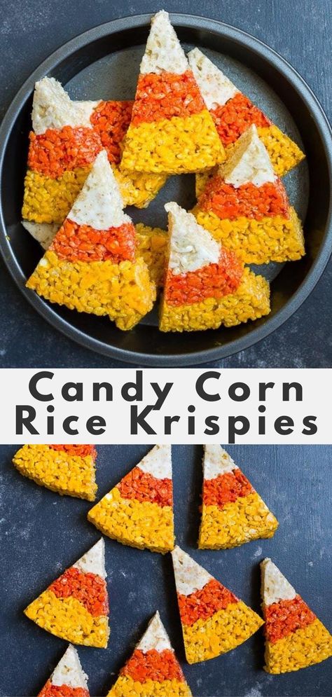 Candy Corn Krispie Treats, Halloween Crispy Rice Treats, Candy Corn Rice Krispy Treats, Rice Crispy Candy Corn, Fall Rice Krispies Treats, Seasonal Rice Krispie Treats, Halloween Treats Rice Crispy Treats, Rice Crispy Treats Recipe Halloween, Rice Krispie Treats Recipe Halloween