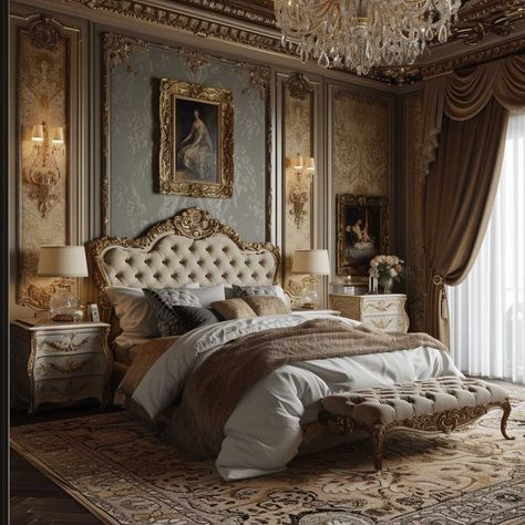 Creating Opulent Spaces with Modern Baroque Interior Inspirations • 333+ Images • [ArtFacade] Modern Royal Interior Design, Modern Old Money Bedroom, Old Money Modern Bedroom, Victorian Bedroom Modern, Ornate Interior Design, Modern Royal Bedroom, Royal Room Bedrooms, Old Money Bedrooms, Victorian Master Bedrooms Decor