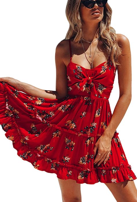 ECOWISH Womens Dresses Floral Spaghetti Strap Tie Knot Front Flowy Pleated Mini Swing Dress Floral Spaghetti Strap Dress, Sundress Season, Puffy Skirt, Red Strapless Dress, Bow Tie Dress, Swing Mini Dress, Tube Top Dress, Red Floral Dress, Tie Knot