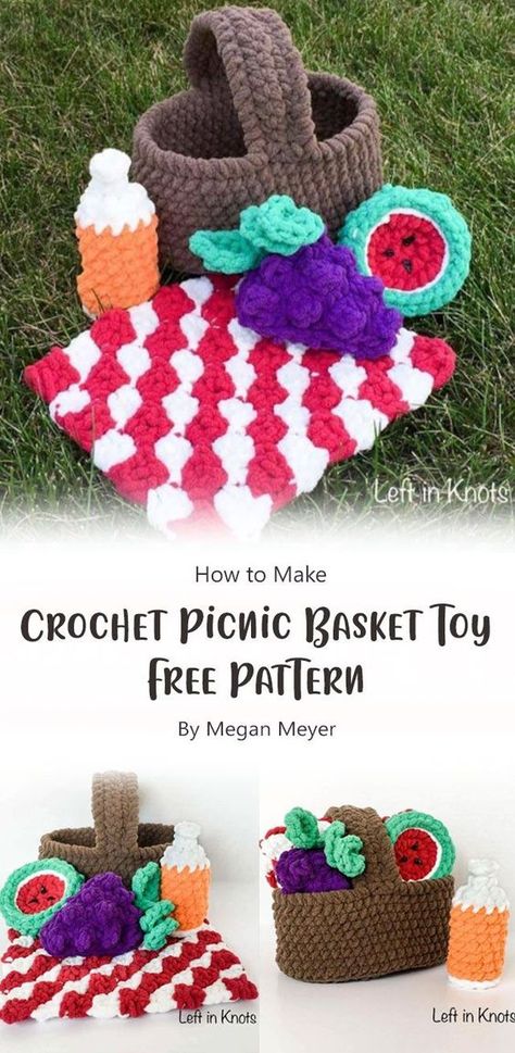 Amigurumi Patterns, Crochet Picnic Food, Crochet Play Sets Free Pattern, Crochet Picnic Basket Pattern Free, Crochet Picnic Basket, Cute Picnic Basket, Crochet Picnic, First Crochet Project, Diy Plushies