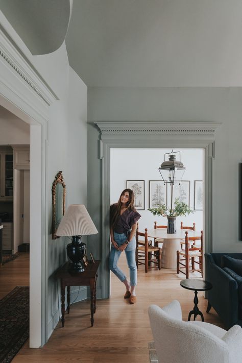 Blue Grey Living Room, Family Room Paint, Colonial House Interior, Blue Gray Paint Colors, Mixing Metals, Blue Gray Paint, Modern Colonial, Dining Room Paint, Dining Room Blue