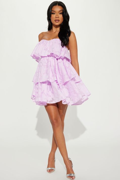 Available In Cream And Lavender. Chiffon Mini Dress Strapless Sweetheart Neckline Grip Tape Hidden Back Zipper Ruffle Detail Tiered Lined Self: 100% Polyester Lining: 97% Polyester 3% Spandex Imported | Amara Chiffon Mini Dress in Lavender size XS by Fashion Nova Lavendar Dress, Lavender Fashion, Mini Dress Strapless, Outfit Options, Dress Lavender, Strapless Sweetheart Neckline, Lavender Dresses, Mini Dress Formal, Chiffon Mini Dress