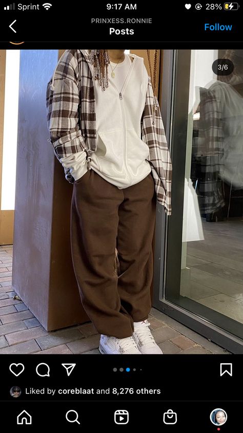 Brown Baggy Outfit, Fall Fits Streetwear, Grey And Brown Outfit, Tomboy Type, Geeky Clothes, Streetwear Inspo, Brown Outfit, Tomboy Outfits, Tomboy Style Outfits