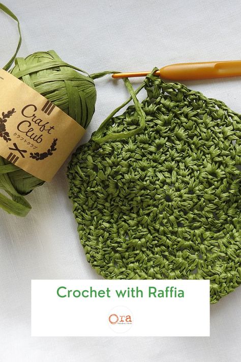 Crocheting a super cute toddlers summer hat using Daruma natural raffia ribbon yarn in soft Green. Daruma raffia is beautifully soft and supple and 100% plant-based and ideal for weaving, crochet and crafting baskets, bags and summer hats. The raffia is one continuous length and perfect for floristry, garden, embroidery and gift wrapping too. See the full colour range online x Crochet With Raffia, Rafia Yarn, Weaving Crochet, Raffia Ribbon, Raffia Crochet, Artisan Yarn, Garden Embroidery, Bag Pattern Free, Toddler Summer