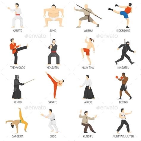 Martial Arts Decorative Flat Icons Set Different Martial Arts, Tae Kwon Do, Pencak Silat, Martial Arts Techniques, Martial Arts Styles, Flat Icons Set, Martial Arts Workout, Martial Arts Training, Sports Flyer