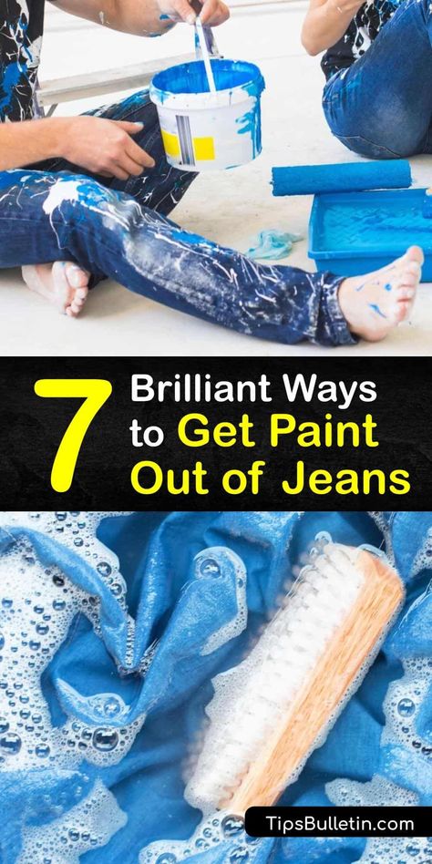 Learn how to remove paint from jeans in a few easy steps. Dab away excess paint, and treat acrylic paint and latex-paint stains with soap and warm water and launder them in the washing machine, and use turpentine, nail polish remover, or hairspray to remove oil paint. #howto #paint #jeans #remove How To Get Paint Out Of Jeans, How To Remove Paint From Clothes, Spray Paint Remover, Remove Paint From Clothes, Remove Acrylic Paint, Paint Jeans, How To Remove Paint, Diy Stain Remover, Black Fabric Paint